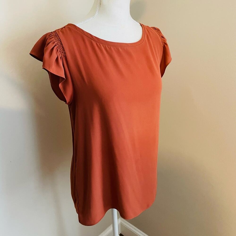 LOFT Burnt Orange Flutter Sleeve Mixed Media Blouse